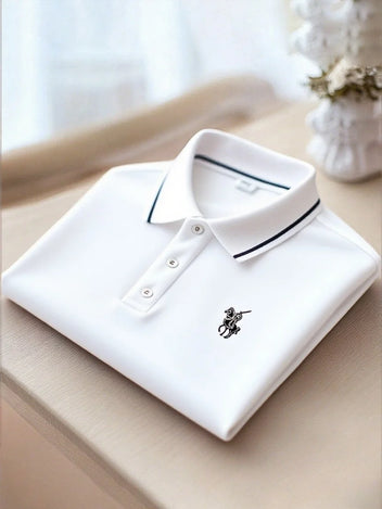Men's Business Casual Button Short Sleeve Polo Shirt with Mixed Print Design