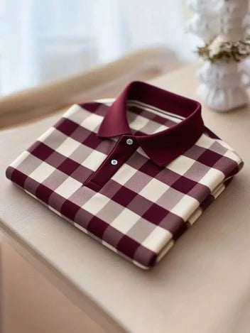 Men's Classic Business Button Short Sleeve Polo Shirt Polyester Plaid Loose Fit