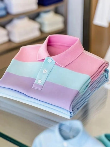 Men's Business Casual Color Block Stripe Button Short Sleeve Polo Shirt