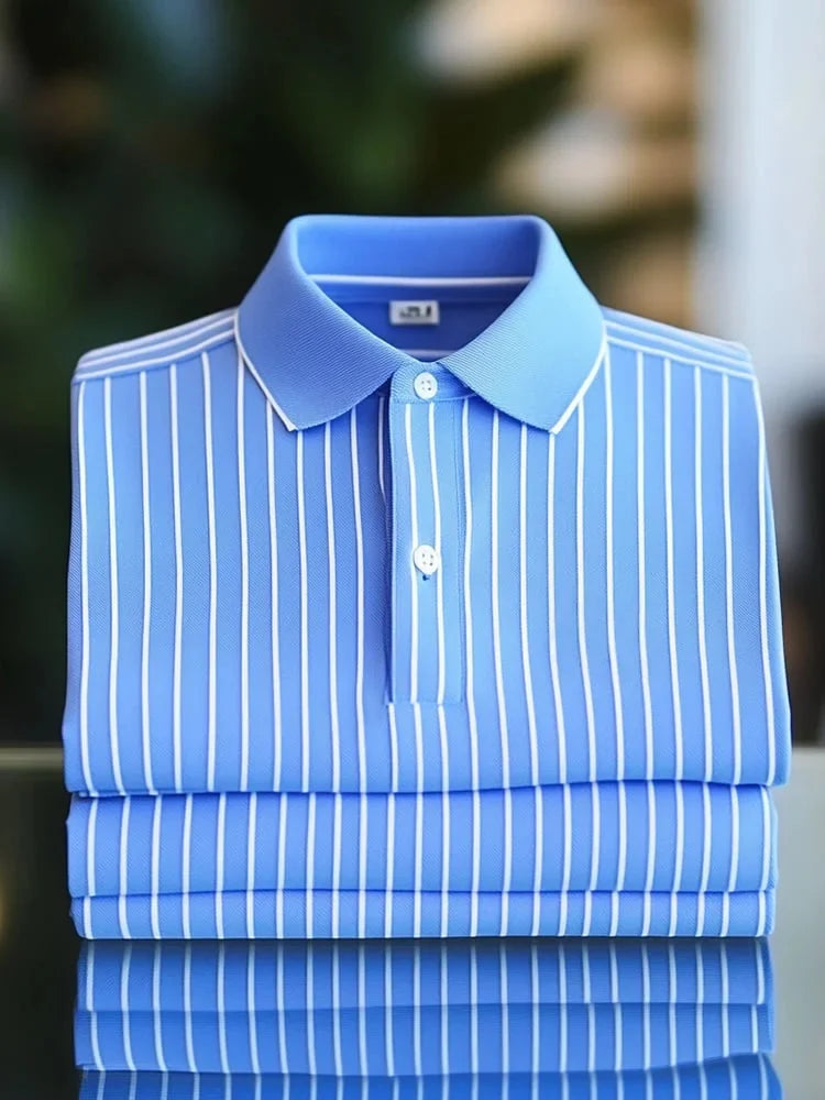 Men's Classic Business Short Sleeve Polo Shirt Polyester Striped Loose Fit