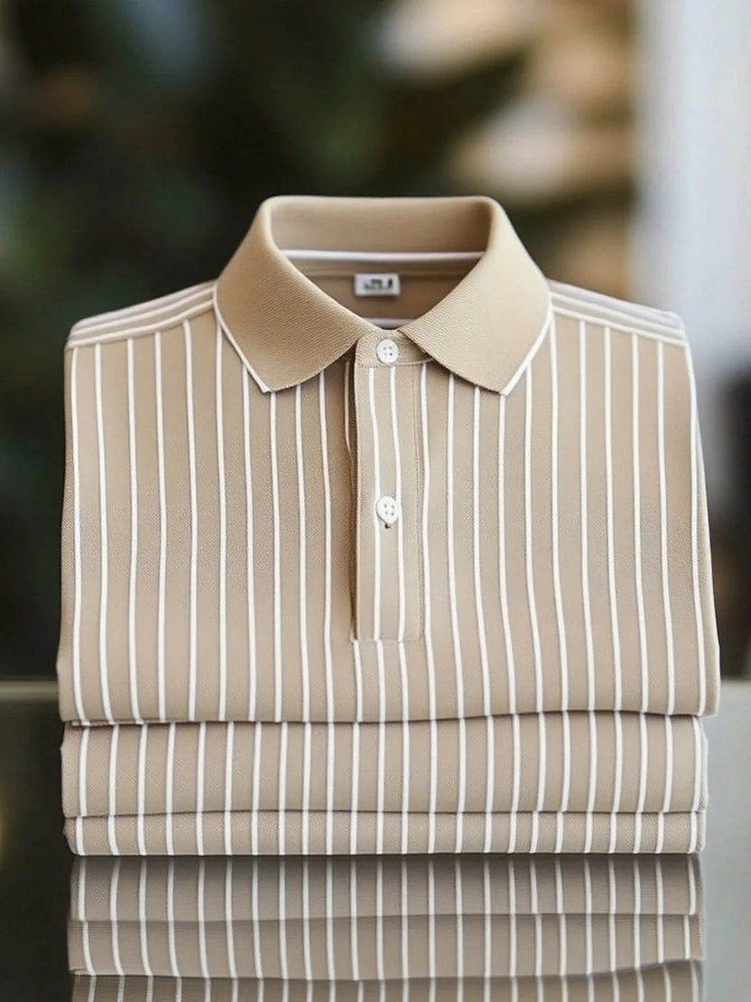 Men's Classic Business Short Sleeve Polo Shirt Polyester Striped Loose Fit