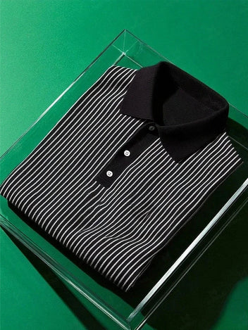 Men's Business Casual Striped Button Short Sleeve Polo Shirt Polyester Elastic