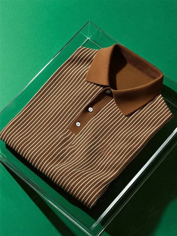Men's Business Casual Striped Button Short Sleeve Polo Shirt Polyester Elastic