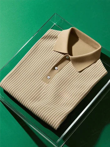 Men's Business Casual Striped Button Short Sleeve Polo Shirt Polyester Elastic