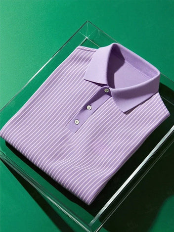 Men's Business Casual Striped Button Short Sleeve Polo Shirt Polyester Elastic