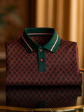 Men's Classic Business Button Short Sleeve Polo Shirt Polyester Plaid Loose Fit