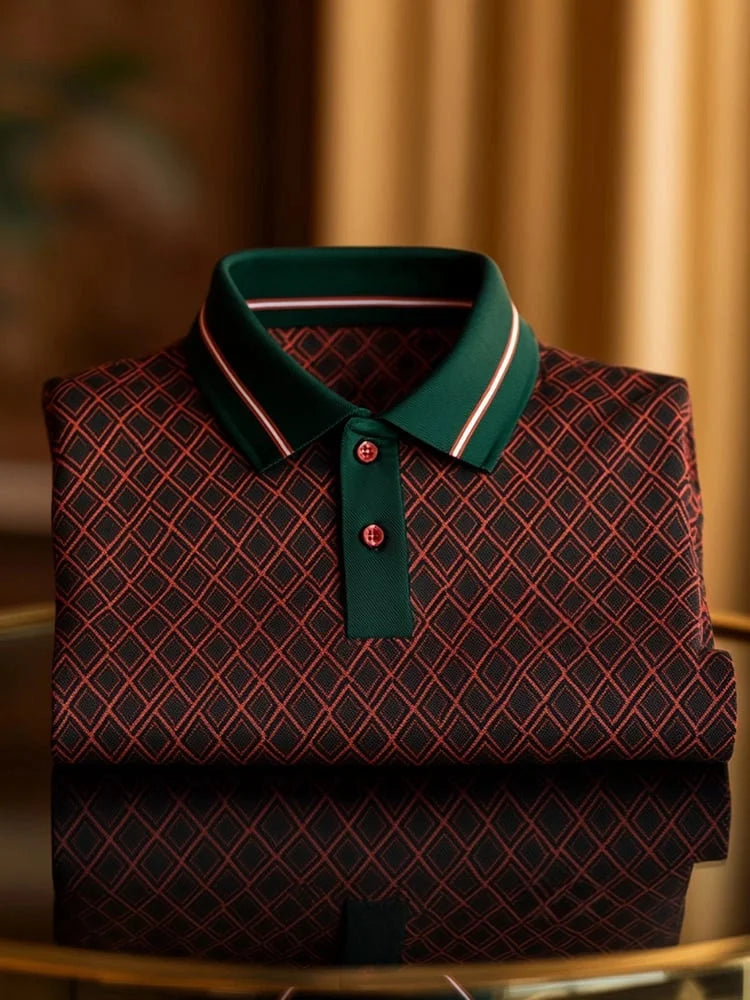 Men's Classic Business Button Short Sleeve Polo Shirt Polyester Plaid Loose Fit