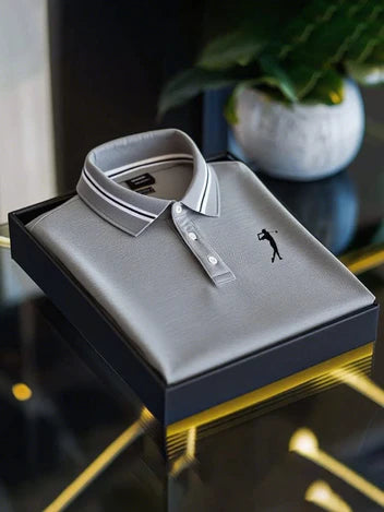 Men's Business Casual Short Sleeve Polo Shirt with Mixed Print Design