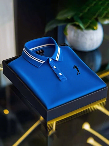 Men's Business Casual Short Sleeve Polo Shirt with Mixed Print Design