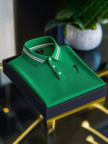 Men's Business Casual Short Sleeve Polo Shirt with Mixed Print Design