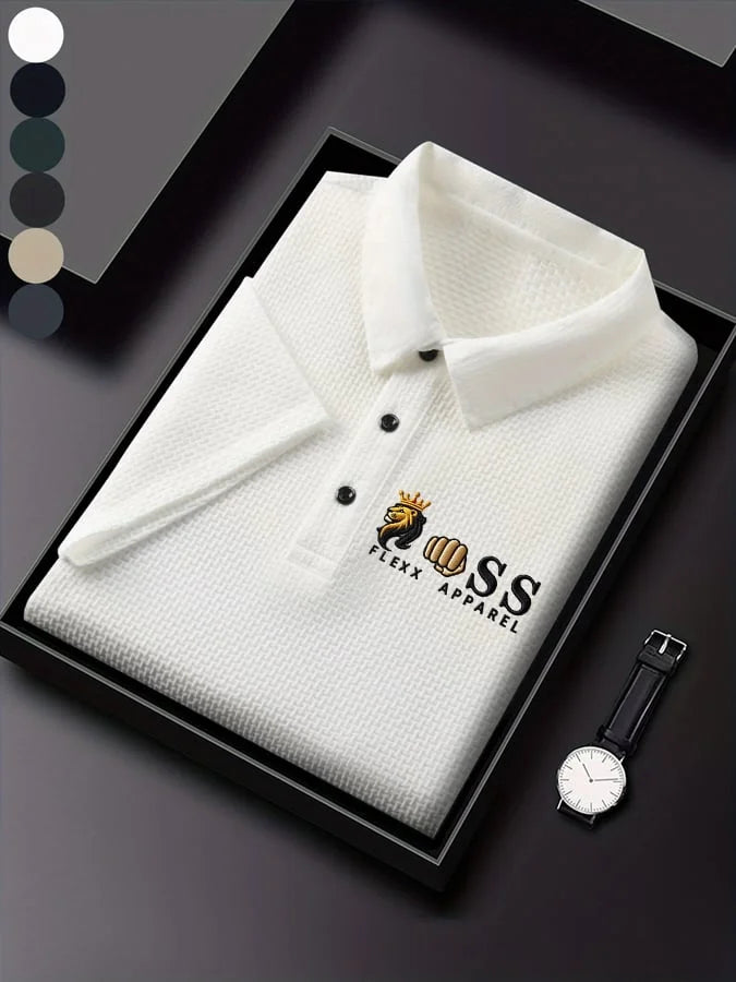 Men's Waffle Fabric Casual Short Sleeve Polo Shirt with Mixed Print Design