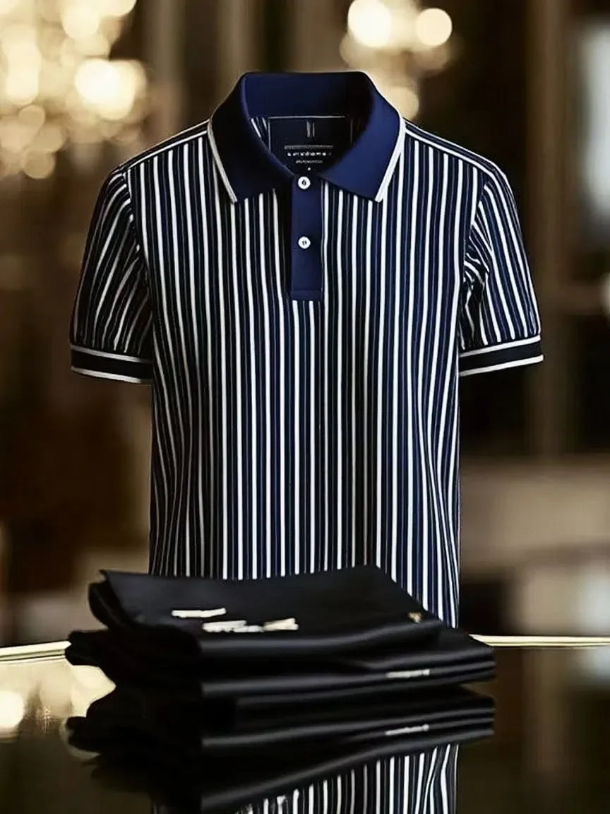 Men's Striped Business Lapel Short Sleeve Polo Shirt with Mixed Print Design