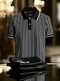 Men's Striped Business Lapel Short Sleeve Polo Shirt with Mixed Print Design