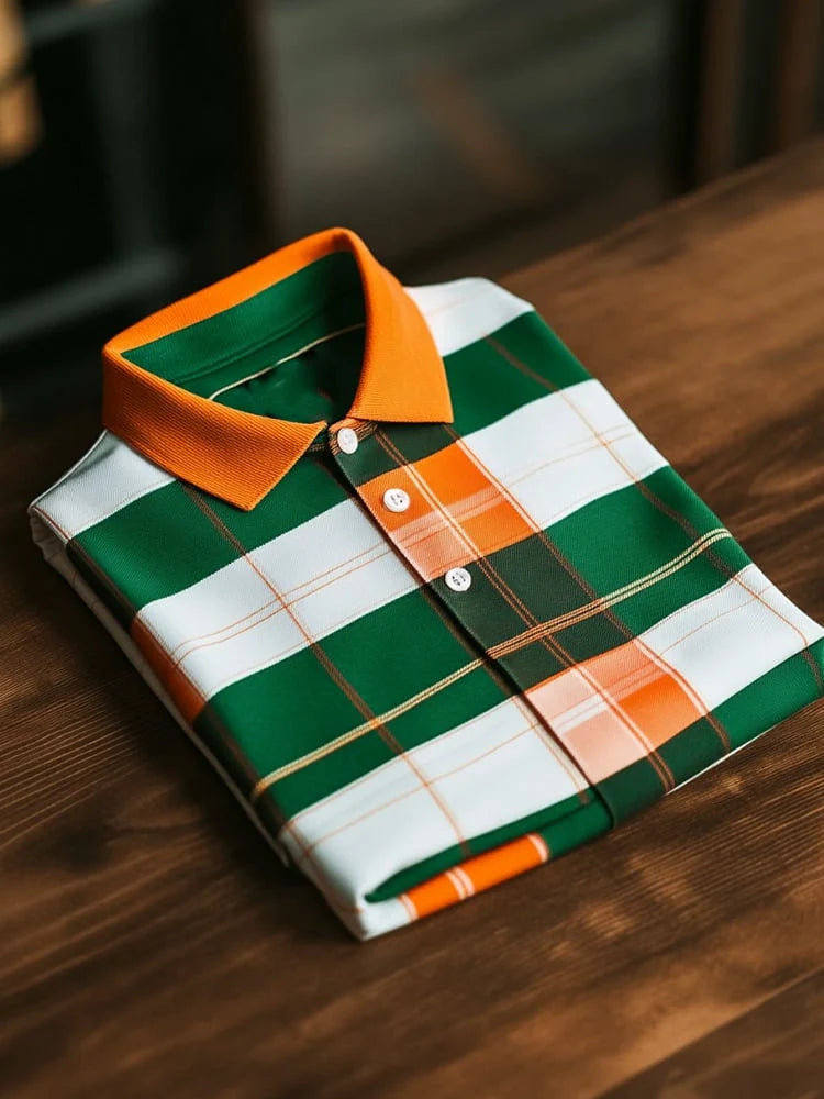 Men's Business Casual Orange Green Plaid Button Short Sleeve Polo Shirt
