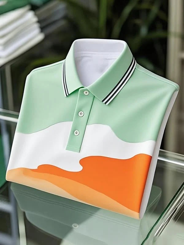 Men's Classic Business Tricolor Irregular Logo Button Short Sleeve Polo Shirt