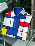 Men's Business Casual Mondrian Art Button Short Sleeve Polo Shirt