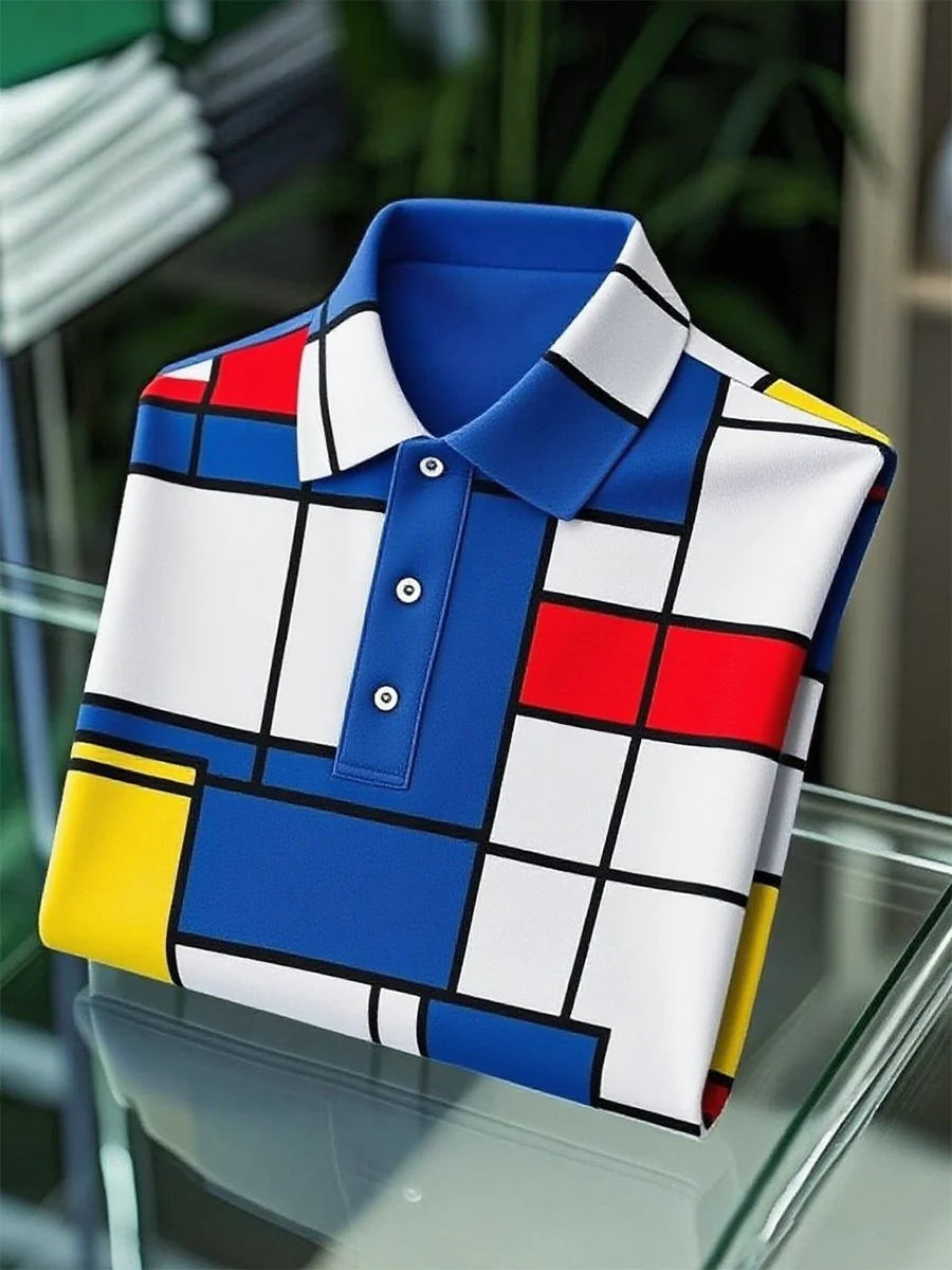 Men's Business Casual Mondrian Art Button Short Sleeve Polo Shirt