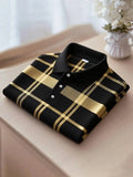 Men's Business Casual Black and Yellow Plaid Button Short Sleeve Polo Shirt